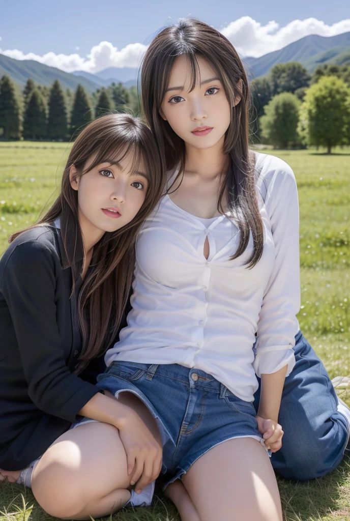 nsfw,Men and women sitting side by side on chairs、Embrace each other、Barely、open grassland background、Splashing 、I feel、bangs、