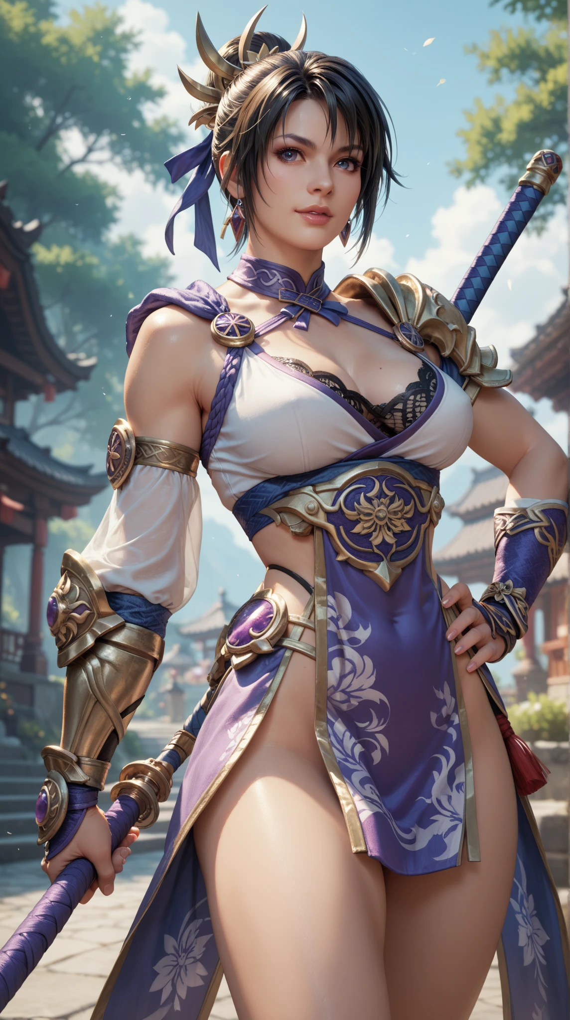 female warrior in a Japanese warrior costume holds a katana in her hands, posing with a sword, unsheathing her katana, beatiful face, light blue glowing eyes, cold expression, Proud posture, straight chest, tied blue hair, she is holding a katana sword, Torn clothes, (( Chinese Tang Dynasty Palace in the background)), China, surrounded by cloud, Long term perspective, China-style, Reddish purple tones, 8K, higly detailed, chiaroscuro, Depth of field, Stereograms, Гипер HD, Гипер HD, Textured leather, high detail greg rutkowski style