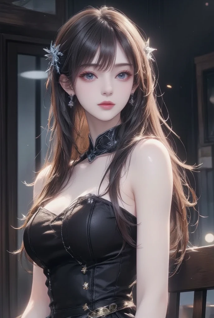(Hyper-realistic) , (illustratio), (Increase the resolution), (8K), (extremely detaile), (Most Best Illustration), (Beautiful and delicate eyes), (best qualtiy), (ultra - detailed), (tmasterpiece), ( the wallpaper), (Detailed face), solo,1个Giant Breast Girl, looking at viewert, exquisite detailing, Detailed face, in the darkness nigth, deep shading, low tune,pureerosfaceace_V1, ssmile,long whitr hair,Black shawl straight hair,46 points oblique bangs,big breasts exposed cleavage