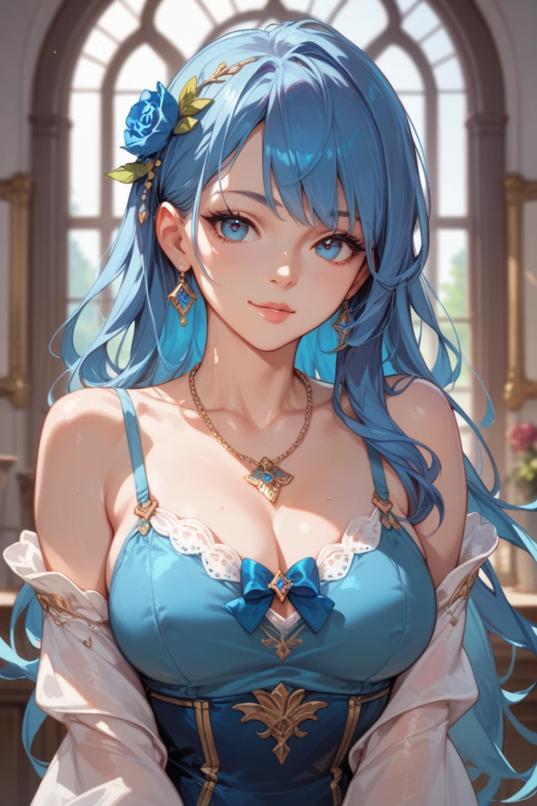 1girl, mesmerizing light blue hair and enchanting blue eyes, set against a classical background. detailed eyes, detailed hair, curvy figure, high res, ((masterpiece))
