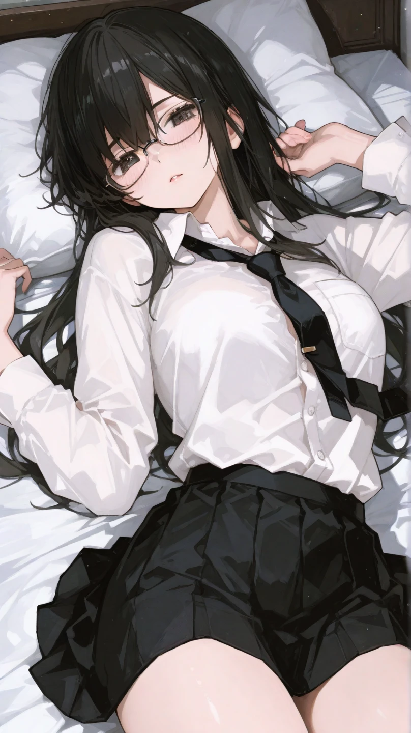(highest quality), (masterpiece), 1080P, HD, 4K, 8K, raise both hands, Sleeping Beautiful Girl, Changing clothes, 20-year-old, nipple, high school student, uniform, small breasts, whole body, black hair, Two knots, clear, blush, garter belt, frills