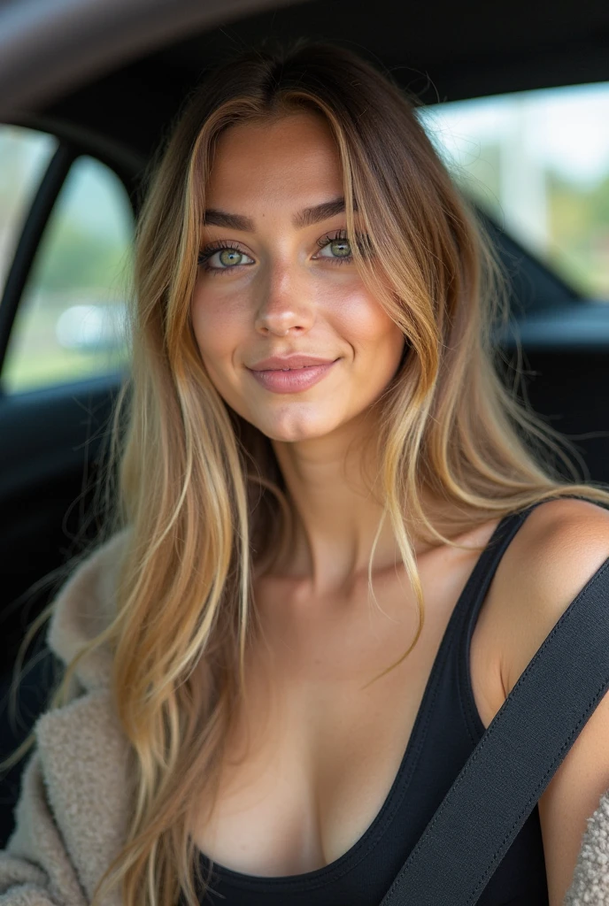 Woman beautiful realistic realistic smooth blonde hair realistic car