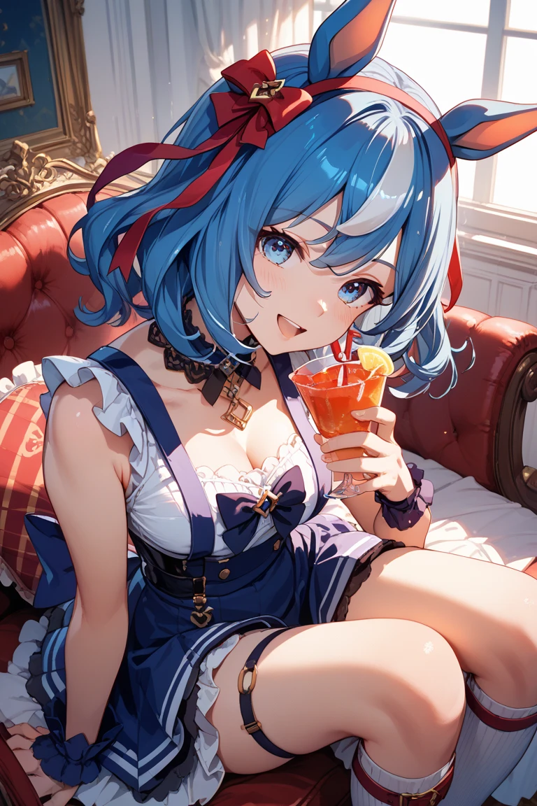Obra maestra, Mejor calidad, 1 chico, 1 chica, bajo la mesa, fellatio, semen en la boca,pelo azul,agua de konosuba