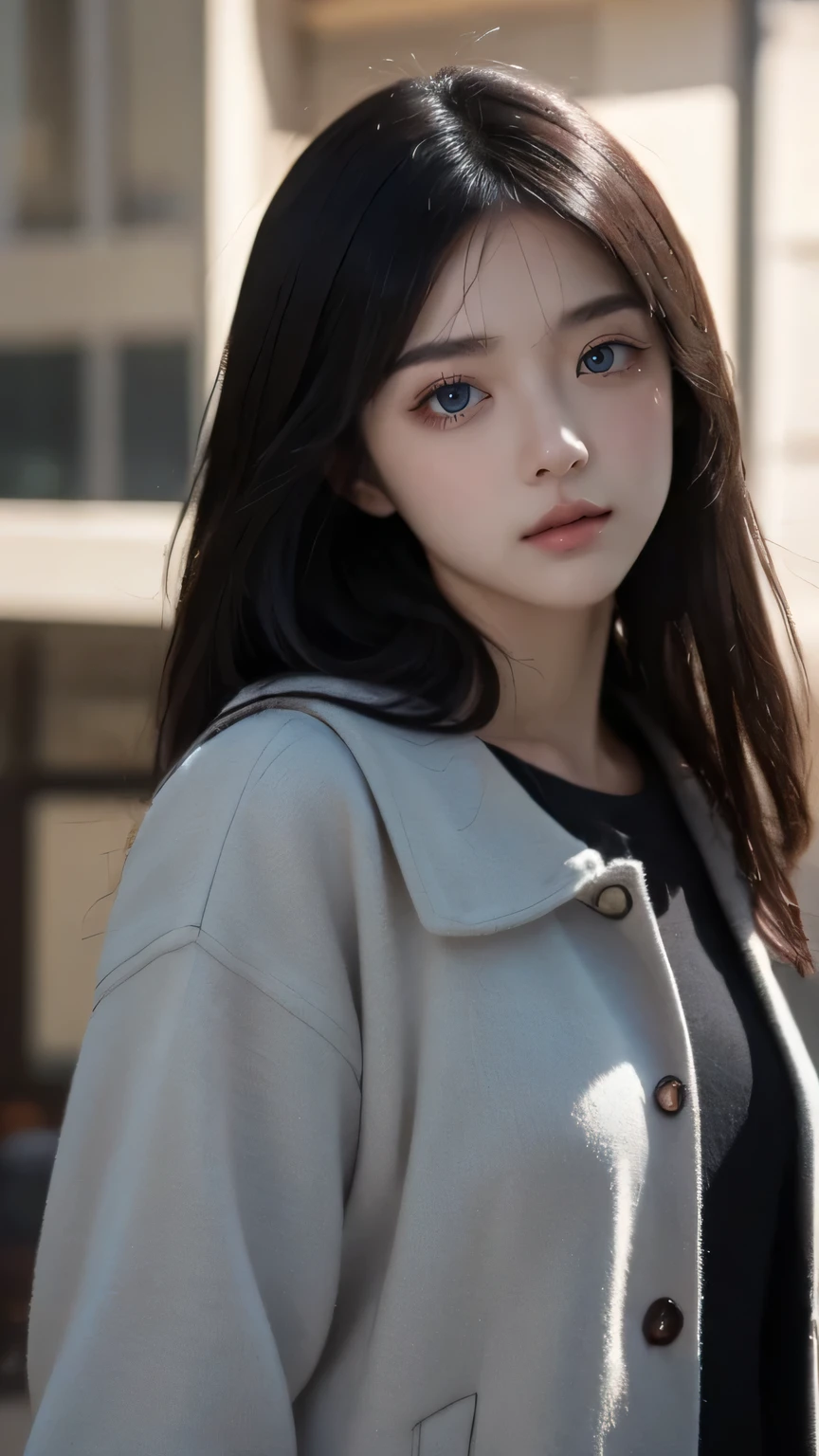 beautiful girl,With realistic dark eyes, pale skin, Medium-long black hair, perfect face, perfect eyes, Wear a coat, Very detailed, synthesis, number, 8k, Cinema lighting, best quality, high resolution, detailed work, post processing, Perfect results, Surreal