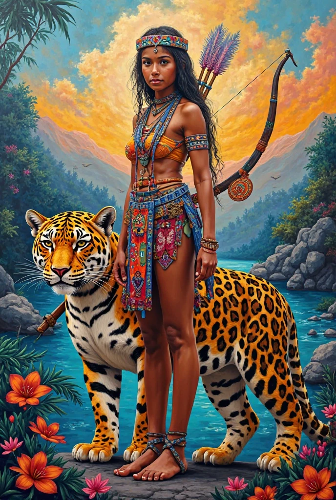 In the middle of the humid jungle on a rainy night there is a beautiful Aztec woman with a perfect body wearing a typical costume of her culture., She is posing facing the viewer holding a weapon ready for a confrontation, At her side she is accompanied by a lion that looks very intimidating.. The photograph won big awards and was taken with one of the best cameras., It has cinematic lighting, well defined details, The best quality, 16k, 