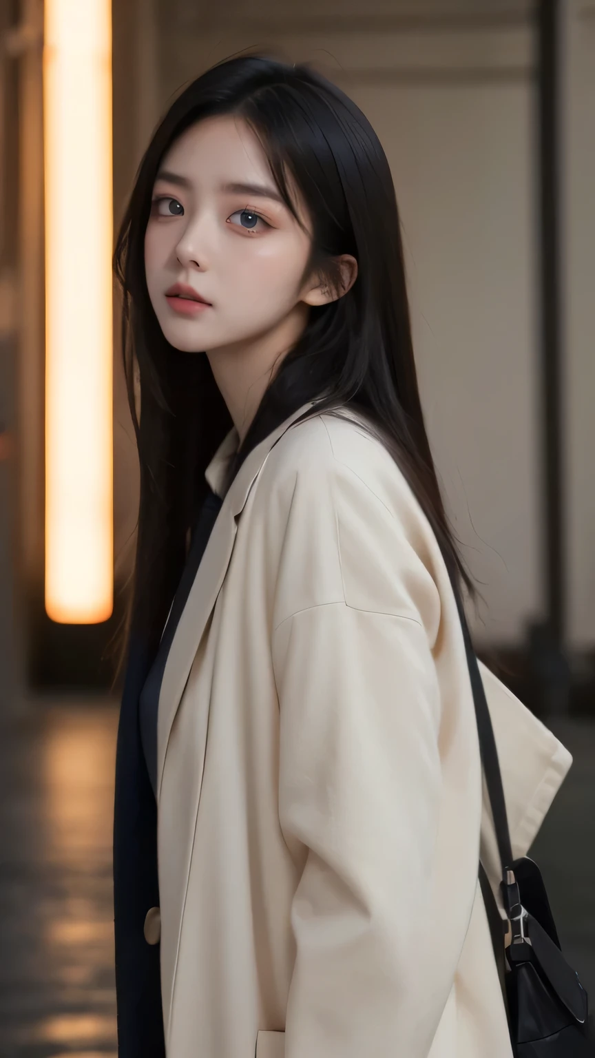 beautiful girl,With realistic dark eyes, pale skin, Medium-long black hair, perfect face, perfect eyes, Wear a coat, Very detailed, synthesis, number, 8k, Cinema lighting, best quality, high resolution, detailed work, post processing, Perfect results, Surreal