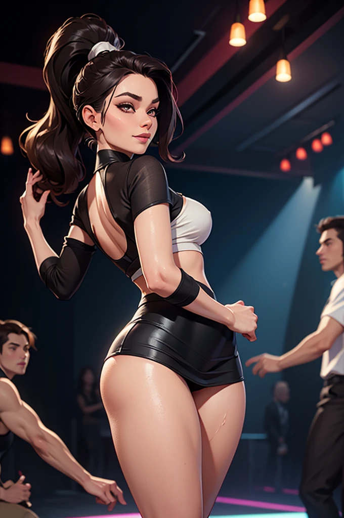 1girl,a beautiful fashion model ,(masterpiece, official art, best quality) (perfect eyes) , short and shiny dark blue hair, black streaks in hair, full lips, cute nose, medium breasts, elegant makeup, exhibitionism, naked in public, , slim thighs, toned body, shiny skin, sexy pose,,(( (slender, slim))), gold hoop earrings, eyeshadow, cute face, embarrassed, coy, surprised, blush, glittery skin, girl dancing on stage, skinny thighs, narrow hips, toned stomach, chloeprice, LifeStrangeChloe, tattoos, ((buns hairstyle))