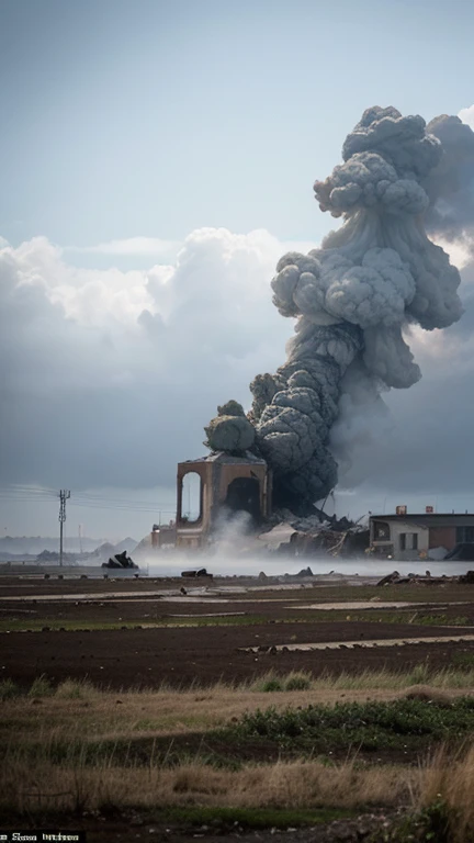 A ruined village, engulfed in a haunting mist, its structures twisted and broken, while distant explosions echo through the desolate landscape, punctuating the eerie silence with destruction. (((ruined village))) (((haunting mist))) (((twisted structures))) (((distant explosions))).