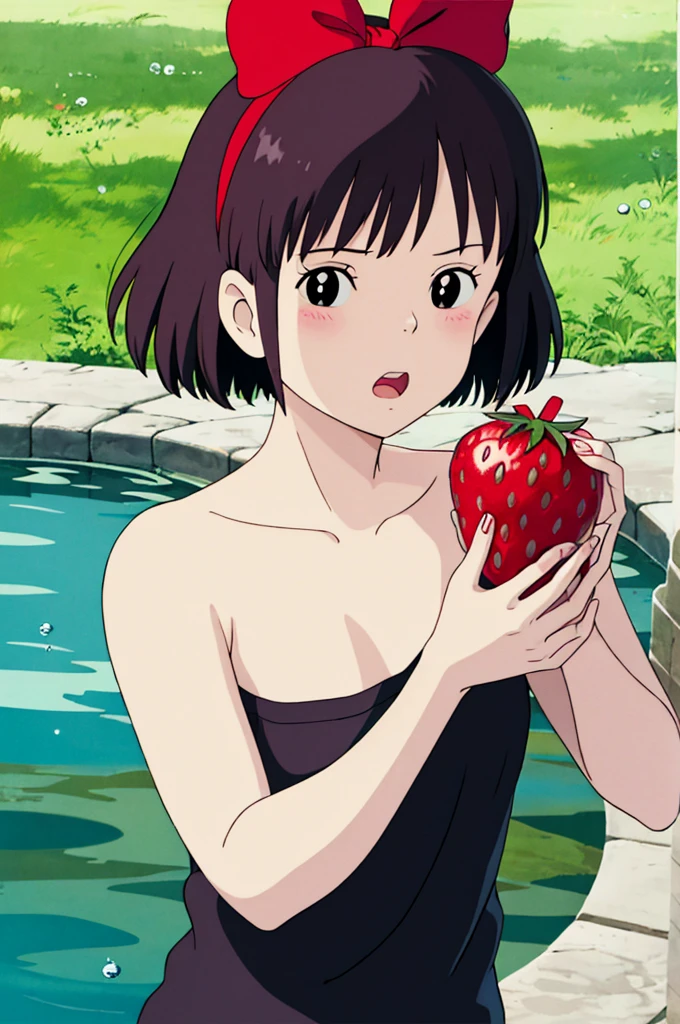 ghibli style,
kiki \(majo no takkyuubin\),
1girl, :o, bangs, black eyes, black hair, blush, bow, bow hairband, collarbone, day, fingernails, food, fruit, hair bow, hairband, holding, holding food, holding fruit, looking at viewer, open mouth, outdoors, red bow, red hairband, short hair, solo, strawberry, sunlight, upper body, water drop
, ((masterpiece)), no clothes, nude, full naked, small breast, full naked, small boobs, full body, pink nipples, nipple, boobs, breast, cleavage, sexy, open legs, pussy, rape by monkey