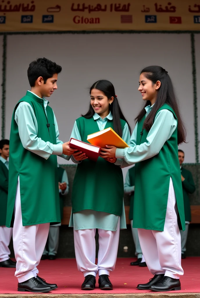 Three seventh grade students greeting each other in a green classroom and one is tall, another is medium and another is smaller