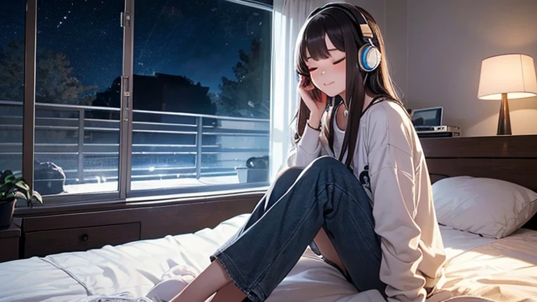 (masterpiece:1.4), (highest quality:1.4), (High resolution:1.4),Ghibli style,anime,indoor,room,Lying in bed,girl,Looking up,headphone,A starry sky in the window,Side view,night,White T-shirt,Blue shorts