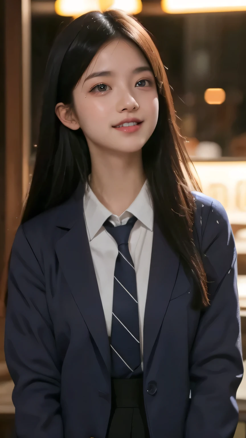 (masterpiece), best quality, ultra high res, close up, slim body, 1girl,school uniform, long hair, laughing, ramen, night, Tokyo restaurant background, colorful lights, photon mapping, radiosity, physically-based rendering, cinematic lighting, intricate, High Detail, Sharp focus, dramatic, photorealistic