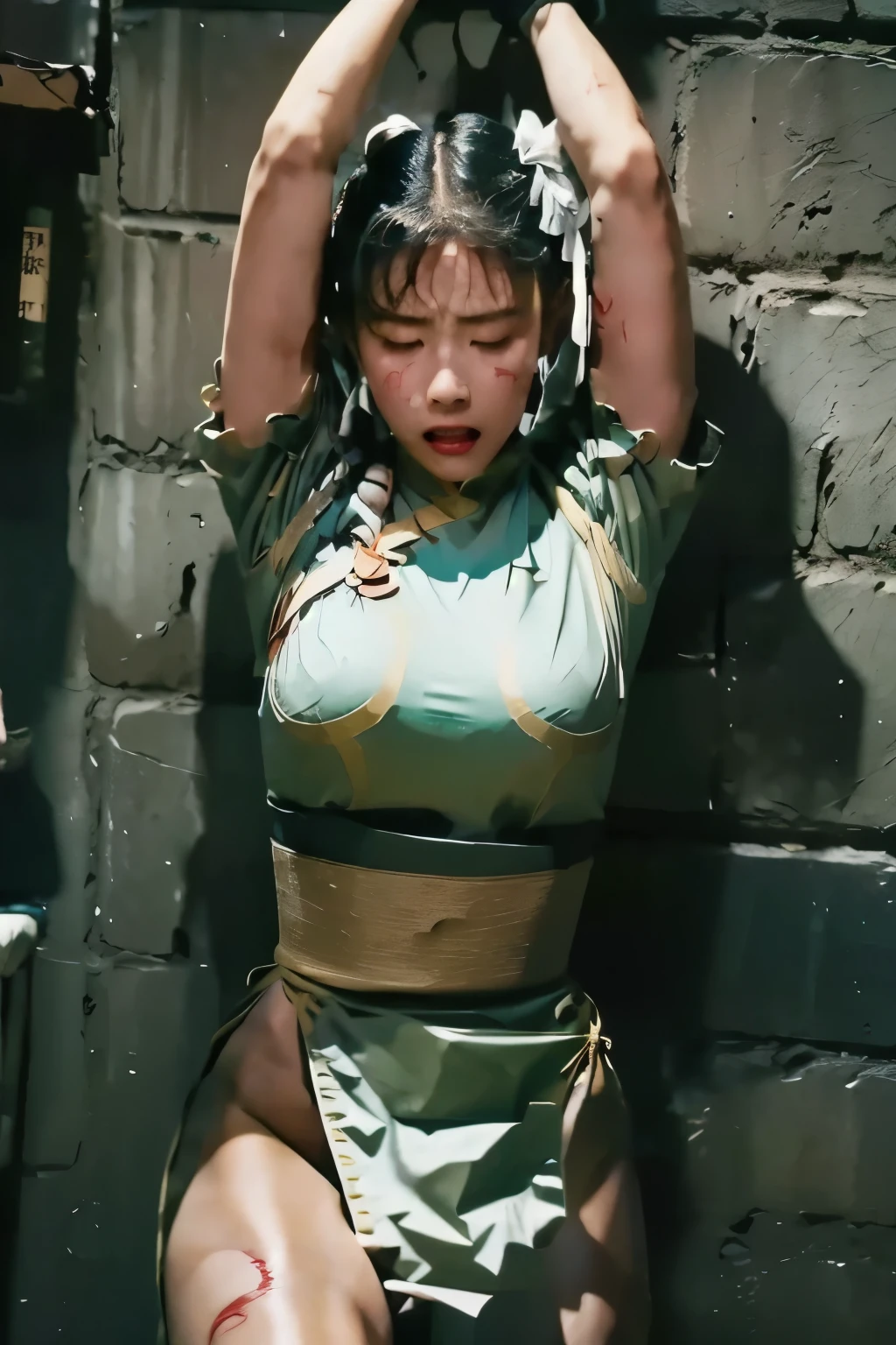 (((Draw only one woman: 2))), ((Beautiful Russian woman in shiny full body rubber suit with simple design: 1.2)), Thin rubber suit: 1.5), (Forced to sit in a chair), ((Stone room: 1.8)), ((Tie your upper body with a thin rope: 1.6 )), ((Tied up: 1.3)), BDSM Brawler, (Rope Bondage:1.6), 16 year old Russian woman with beautiful blonde hair, ((1screen)), 8K, RAW shot, top quality photo, masutepiece, Nice realistic photos, ((Anatomically correct proportions : 1.5)), ((Perfect proportions)), ((Beautiful woman like a Russian actress)), Detailed face, Detailed eyes, Narrow Nose, Detailed fingers, detailed arms, Detailed skin, Detailed legs, (((short torso:1.1))), ((Slim Style)), (Slender waist), ((Slender thighs:1.2) )) , ((medium breasts)), (Small beautiful ass) , ((Skin shining with sweat: 1.7)) , ((Sweaty bangs: 1.8)), ((hands behind her back) : 1.7)), ((((Expression of ecstasy: 1.4)))), ((Half-closed eyelids: 1.6)), ((Semi-closed lips: 1.4))