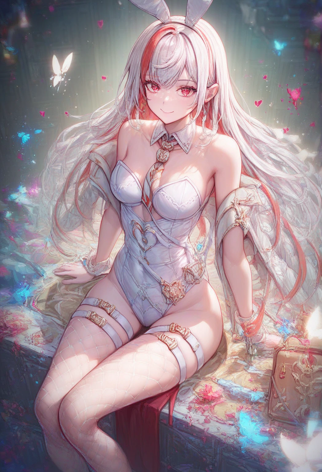 best qualitiy,杰作,8K,extra detail,。((1girls)),(whitehair,Wavy,long haired,Curly double tail),red-eyes,Side face,(((a whole body)),white dress,(White coat),clong legs,A barefoot,。((sitimetalcage)),Prismatic metal cage,Hold a black key,White stockings