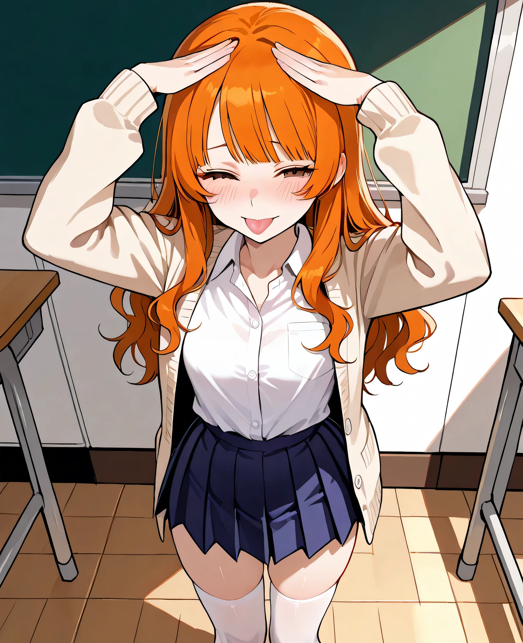 1girl, 20 years old, beautiful, orange hair, slightly wavy hair, straight bangs, hair length to shoulder blades, brown eyes, small hips, slightly plump thighs, narrow waist, small breasts, neat face, small blush, detailed image, detailed body, detailed location, location: classroom, clothes: white button shirt underneath oversized beige cardigan with long sleeves covering half of palm, pleated dark blue skirt, white stockings, small clip on bangs, shy smile, time: evening, pose: standing, shy, looking at viewer, looks into the eyes, front view, head tilted side, hands up, hips to side, blush, from above, solo, standing, "ah eto...bleh" pose, hands on head, eyes closed, tip of tongue