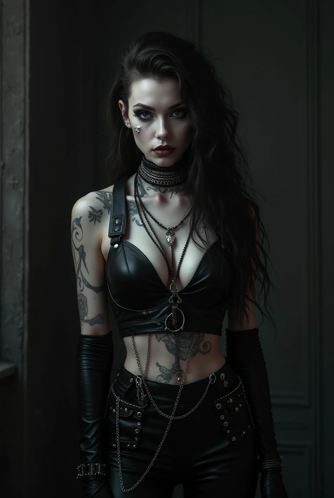 Close-up of woman with burgundy hair in black open clothes, Metal jewelry, Dynamic posture, handsome body, It's raining, wet body, wet hair, Realistic drawing of rain, drops on clothes, humidity, seductive cyberpunk dark fantasy, Sensual, Gloomy style, dark fantasy mixed with realism, goth girl, Gothic and futuristic, Neogot, very beautiful goth top model, gothic horror vibes, The Queen of Dark Gothic, Gothic atmosphere, goth woman, Awesome and gloomy, ornamental gothic - cyberpunk, Gothic - Cyberpunk