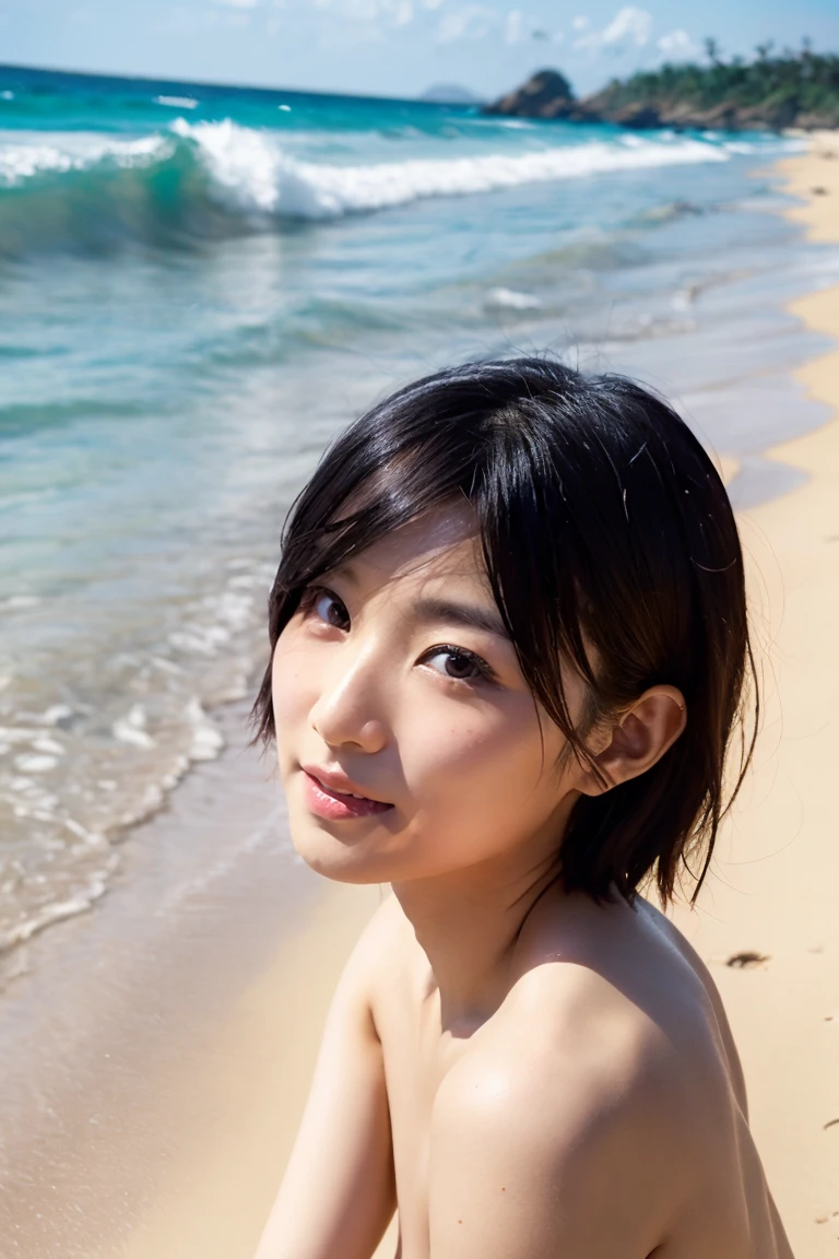 top-quality、beautiful  female、Superb view、on a cliff、nude photography、naked portrait 、huge tit、The wind is blowing, short hair 