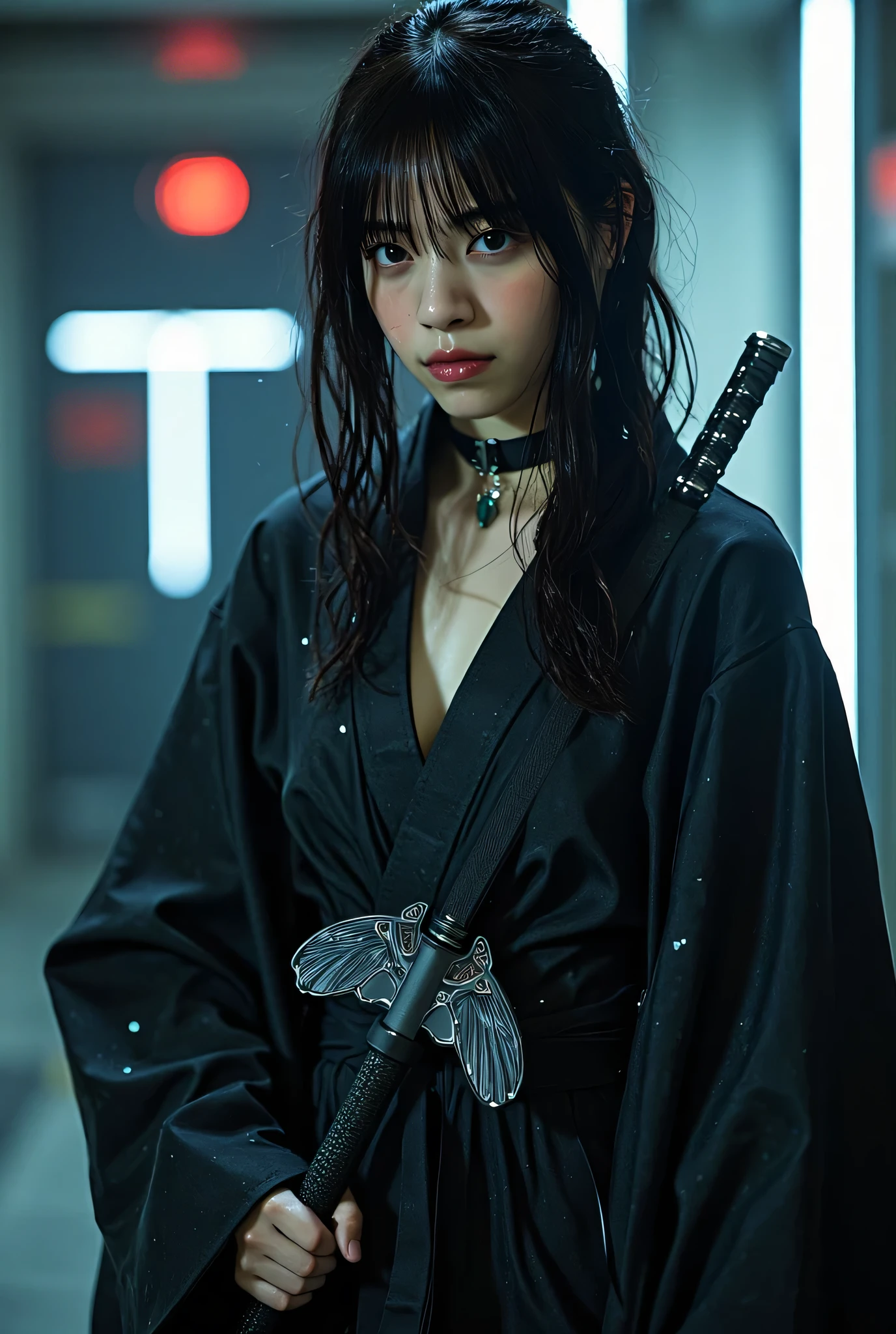 (The dark interior of the Nostromo ship :2.0))),(((HR Gigger style cyberpunk atmosphere:2.0))),(((Hold a cyberpunk-style Japanese sword:2.0))),(((Point the tip of the sword at the viewer:2.0))),((full body:2.0)),one woman,(cute face),(Beautiful well-balanced face ),((long hair with bangs:2.0)),(black hair:1.5),(Beautiful Eyes:1.3),20-year-old Japanese woman wearing bright red paint all over her head,Beautiful slender body,((model body type:2.0)),((slim body:1.7)),Perfect Body Line,Ideal Proportions,((big breasts:2.0)),((スリーサイズ90-58-86:3.0)),((G Cup Breasts:1.5)),Big Breasts,Bare thighs,Sensual Thighs,delicate body,(succulent:1.7),harmonious posture,((Realistic breast depiction :1.7)),carefully depicts limbs based on perfect anatomy,((futuristic black super high leg leotard:1.5)),((super high-leg leotard made of form-fitting latex:1.5)),((leotard with a transparent blue skeleton taken on an X-ray:2.0)),(((A black military coat-style kimono with an open front on a:2.0))),((Tactical Holster:2,0)),(gloves:1.3),CONCEPT ART,(Best Quality:1.5),(masterpiece:1.5),(超高resolution),resolution,UHD,(Delicate Description), carefully drawn with butterfly wings ,32k,((realistic skin texture that shows through the whole body:1.5)),(((super realistic:1.5))),carefully draw eyelashes,very detailed face,Highly detailed female hand, Sexy appearance ,very sensual,(Blurry Dim Backgrounds :1.5),Professional Photography,(movie lights:2.0),((Blade Runner style lighting:2.0))