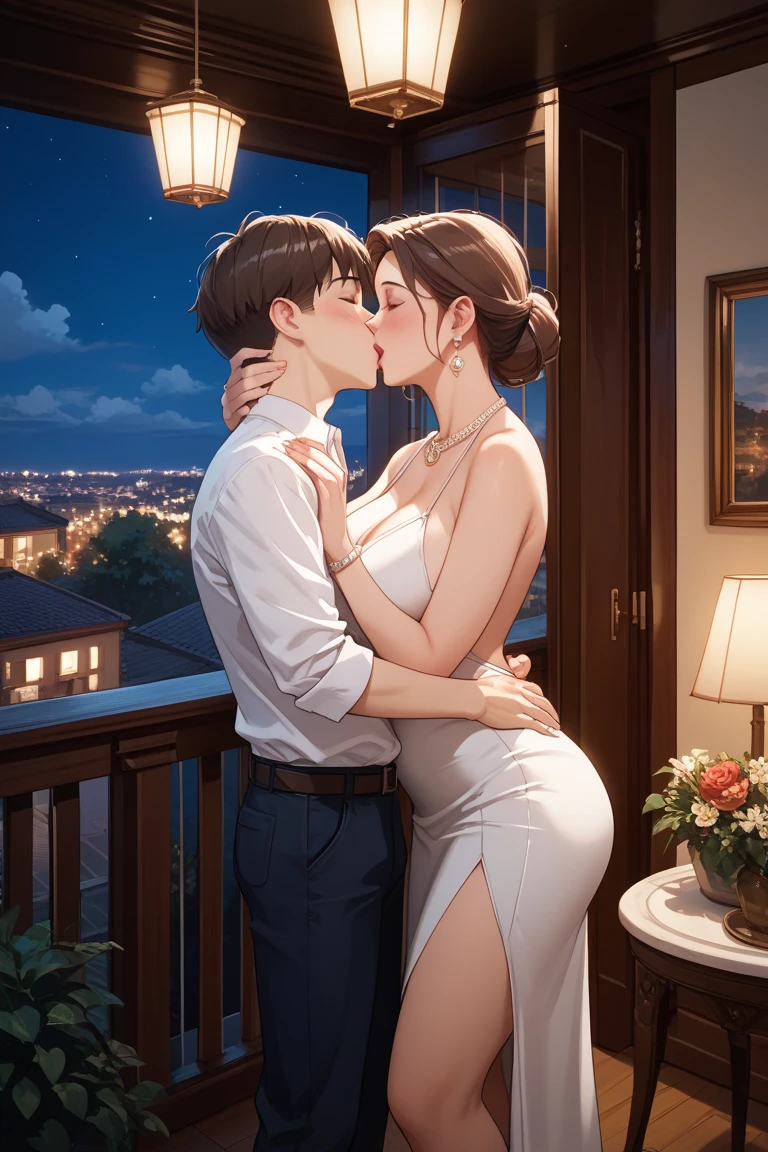 score_9, score_8_up, score_7_up, source_anime, 1boy, 1girl, mature female in a sexy revealing dress, necklace, mother and son, kid, kissing , romantic, night time, in the living room, (against the wall) (from behind)