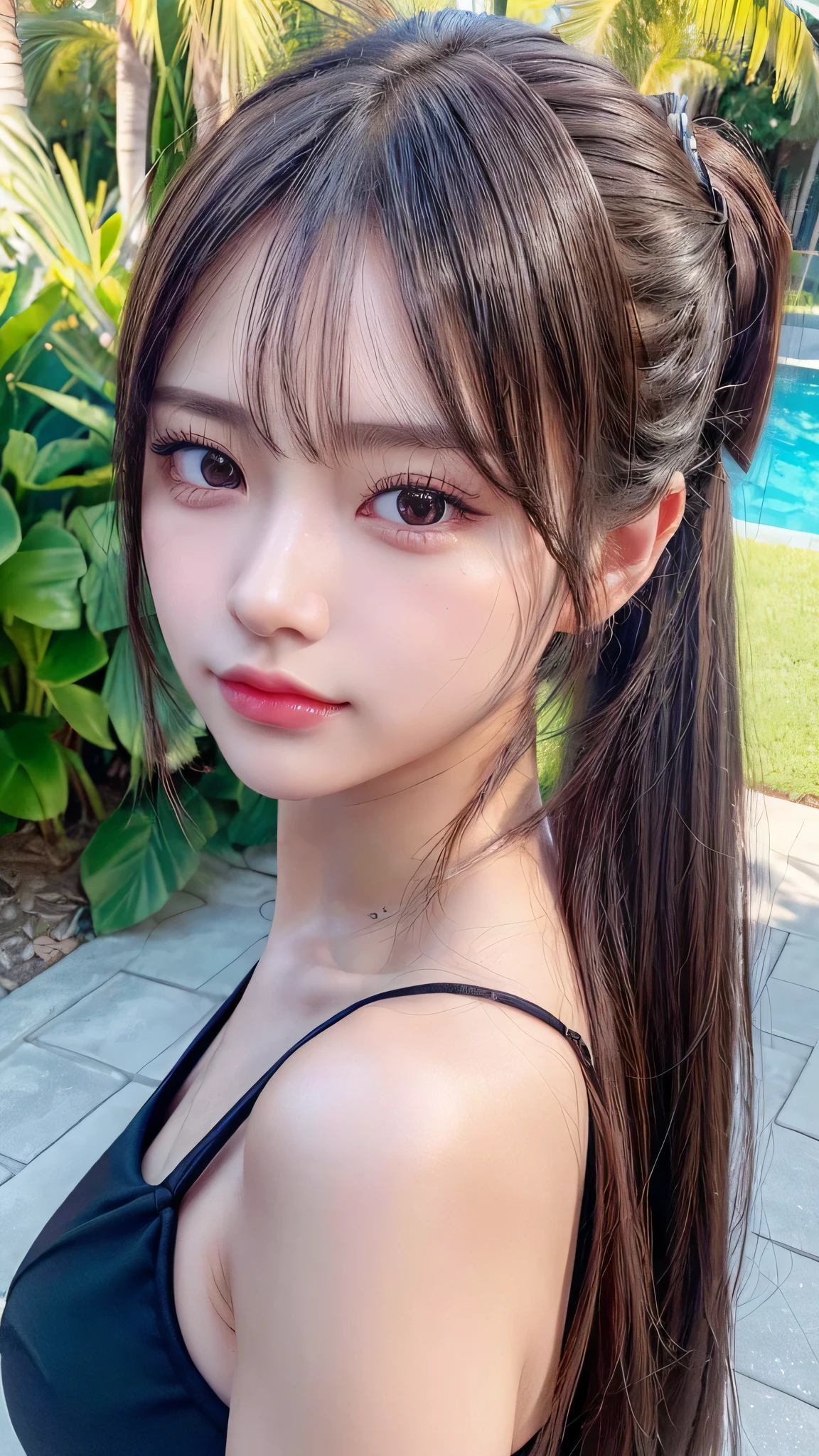 Beach,resort,Sexy White Bikini,Blushing,Facing forward,Close-up of face,Small breasts,14 years old,Long hair ponytail,((8K, Raw photo, Best Quality, Mastepiece:1.2), (Realism, Photorealistic:1.4), (Highly detailed 8K wallpapers), Depth of written boundary, Cinematic Lighting, Soft Light, Detailed Beauty Eye,Shiny and smooth light brown ponytail, Asymmetrical bangs, Shiny skin, Ultra-detailed skins ,It is high resolution., High detail, Detailed hairstyle, Detailed facial beauty, Hyper-realistic, Perfect limbs, Perfect Anatomy ,1 Japanese girl,Famous Japanese Idols, Perfect female body,A shy smile,Short eyelashes,Double-edged eyelids,Look straight here,Hair style: ponytail,Close-up of face