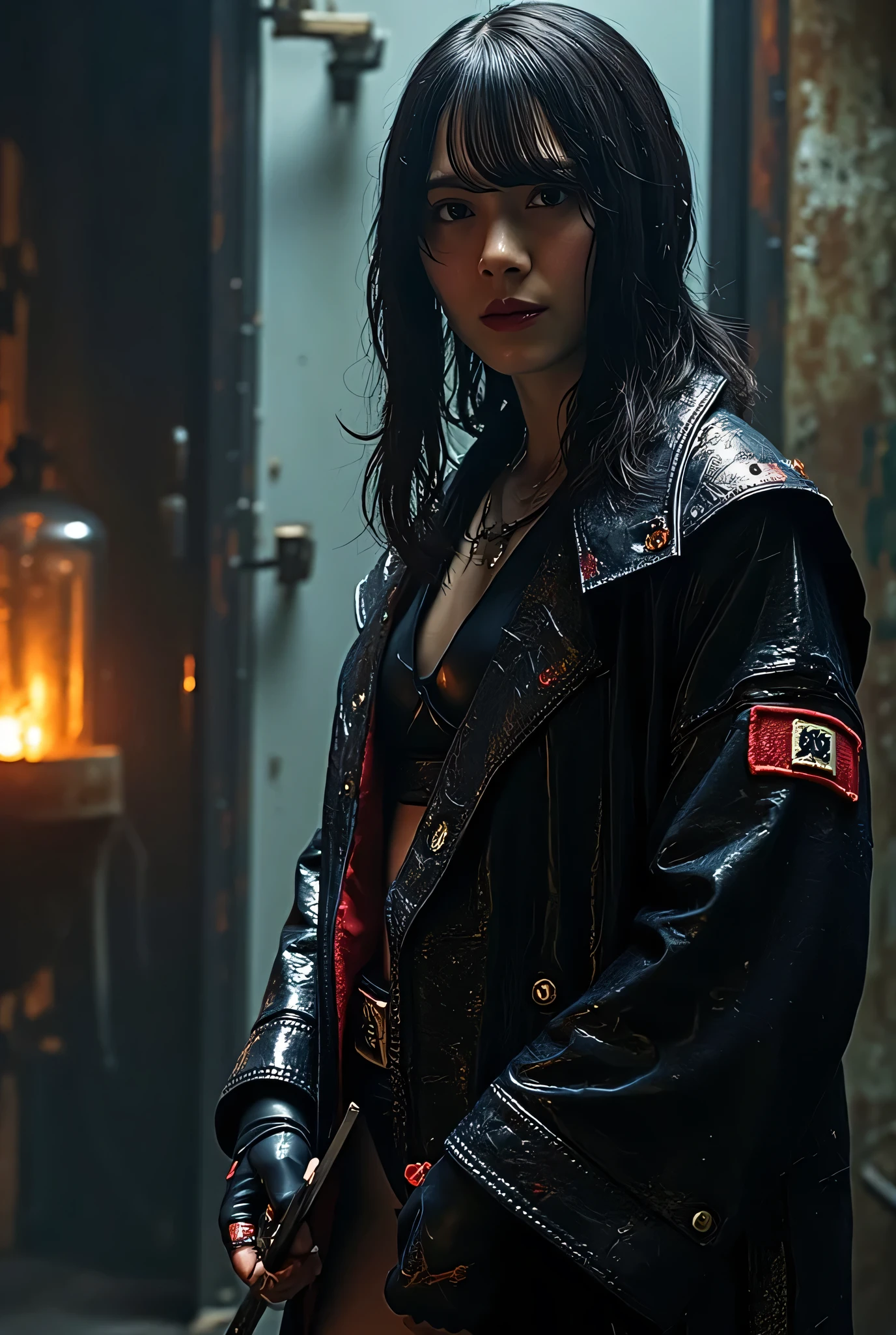 (The dark interior of the Nostromo ship :2.0))),(((HR Gigger style cyberpunk atmosphere:2.0))),(((Hold a cyberpunk-style Japanese sword:2.0))),(((Point the tip of the sword at the viewer:2.0))),((full body:2.0)),one woman,(cute face),(Beautiful well-balanced face ),((long hair with bangs:2.0)),(black hair:1.5),(Beautiful Eyes:1.3),20-year-old Japanese woman wearing bright red paint all over her head,Beautiful slender body,((model body type:2.0)),((slim body:1.7)),Perfect Body Line,Ideal Proportions,((big breasts:2.0)),((スリーサイズ90-58-86:3.0)),((G Cup Breasts:1.5)),Big Breasts,Bare thighs,Sensual Thighs,delicate body,(succulent:1.7),harmonious posture,((Realistic breast depiction :1.7)),carefully depicts limbs based on perfect anatomy,((futuristic black super high leg leotard:1.5)),((super high-leg leotard made of form-fitting latex:1.5)),((leotard taken on an X-ray:2.0)),(((A black military coat-style kimono with an open front on a:2.0))),((Tactical Holster:2,0)),(gloves:1.3),CONCEPT ART,(Best Quality:1.5),(masterpiece:1.5),(超高resolution),resolution,UHD,(Delicate Description), carefully drawn with butterfly wings ,32k,((realistic skin texture that shows through the whole body:1.5)),(((super realistic:1.5))),carefully draw eyelashes,very detailed face,Highly detailed female hand, Sexy appearance ,very sensual,(Blurry Dim Backgrounds :1.5),Professional Photography,(movie lights:2.0),((Blade Runner style lighting:2.0))