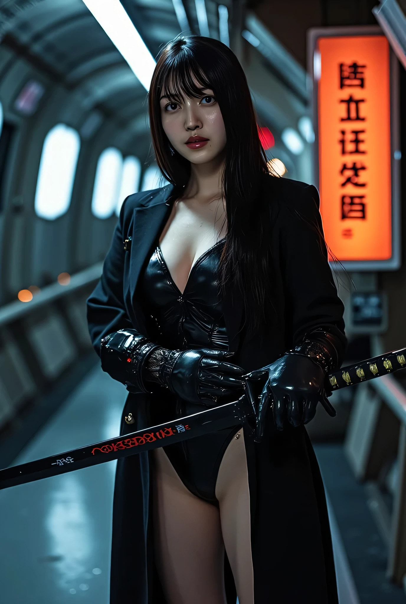 (The dark interior of the Nostromo ship :2.0))),(((HR Gigger style cyberpunk atmosphere:2.0))),(((Hold a cyberpunk-style Japanese sword:2.0))),(((Point the tip of the sword at the viewer:2.0))),((full body:2.0)),one woman,(cute face),(Beautiful well-balanced face ),((long hair with bangs:2.0)),(black hair:1.5),(Beautiful Eyes:1.3),20-year-old Japanese woman wearing bright red paint all over her head,Beautiful slender body,((model body type:2.0)),((slim body:1.7)),Perfect Body Line,Ideal Proportions,((big breasts:2.0)),((スリーサイズ90-58-86:3.0)),((G Cup Breasts:1.5)),Big Breasts,Bare thighs,Sensual Thighs,delicate body,(succulent:1.7),harmonious posture,((Realistic breast depiction :1.7)),carefully depicts limbs based on perfect anatomy,((futuristic black super high leg leotard:1.5)),((super high-leg leotard made of form-fitting latex:1.5)),((leotard taken on an X-ray:2.0)),(((A black military coat-style kimono with an open front on a:2.0))),((Tactical Holster:2,0)),(gloves:1.3),CONCEPT ART,(Best Quality:1.5),(masterpiece:1.5),(超高resolution),resolution,UHD,(Delicate Description), carefully drawn with butterfly wings ,32k,((realistic skin texture that shows through the whole body:1.5)),(((super realistic:1.5))),carefully draw eyelashes,very detailed face,Highly detailed female hand, Sexy appearance ,very sensual,(Blurry Dim Backgrounds :1.5),Professional Photography,(movie lights:2.0),((Blade Runner style lighting:2.0))