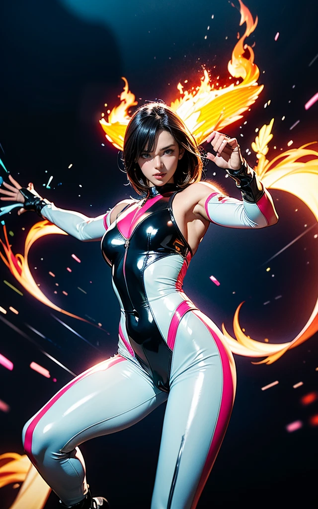 Arafe woman solo with ponytail hair、Fighting Game Fighter、Fitness Model、Big breasts about to burst、No exposed skin、Metallic orange fighting suit、thin and long legs,、Fitness Body Shape、half-pants、White belt、Pose ready to fight、Mischievous smile