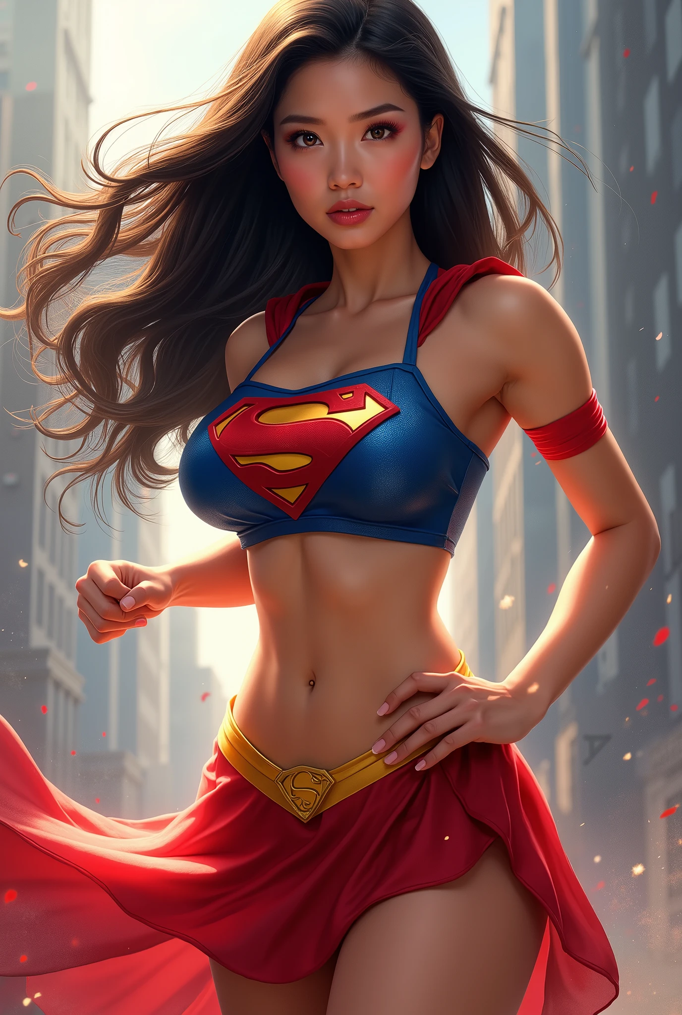 asian supergirl, red skirt, blue bikini top with Supergirl logo on chest, open belly, bra visible,focus on her hairs,