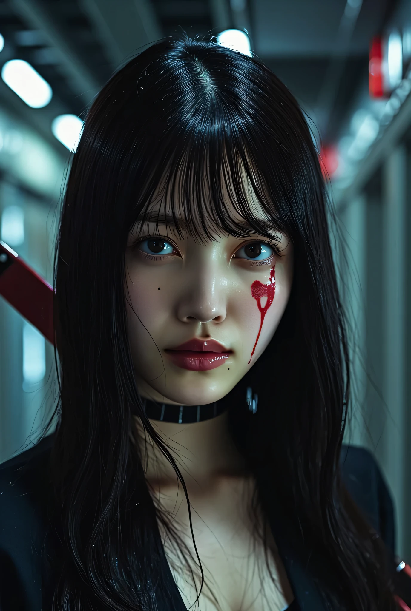 (The dark interior of the Nostromo ship :2.0))),(((HR Gigger style cyberpunk atmosphere:2.0))),(((Hold a cyberpunk-style Japanese sword:2.0))),(((Point the tip of the sword at the viewer:2.0))),((full body:2.0)),one woman,(cute face),(Beautiful well-balanced face ),((long hair with bangs:2.0)),(black hair:1.5),(Beautiful Eyes:1.3),20-year-old Japanese woman wearing bright red paint all over her head,Beautiful slender body,((model body type:2.0)),((slim body:1.7)),Perfect Body Line,Ideal Proportions,((big breasts:2.0)),((スリーサイズ90-58-86:3.0)),((G Cup Breasts:1.5)),Big Breasts,Bare thighs,Sensual Thighs,delicate body,(succulent:1.7),harmonious posture,((Realistic breast depiction :1.7)),carefully depicts limbs based on perfect anatomy,((futuristic black super high leg leotard:1.5)),((super high-leg leotard made of form-fitting latex:1.5)),((leotard taken on an X-ray:2.0)),(((A black military coat-style kimono with an open front on a:2.0))),((Tactical Holster:2,0)),(gloves:1.3),CONCEPT ART,(Best Quality:1.5),(masterpiece:1.5),(超高resolution),resolution,UHD,(Delicate Description), carefully drawn with butterfly wings ,32k,((realistic skin texture that shows through the whole body:1.5)),(((super realistic:1.5))),carefully draw eyelashes,very detailed face,Highly detailed female hand, Sexy appearance ,very sensual,(Blurry Dim Backgrounds :1.5),Professional Photography,(movie lights:2.0),((Blade Runner style lighting:2.0))