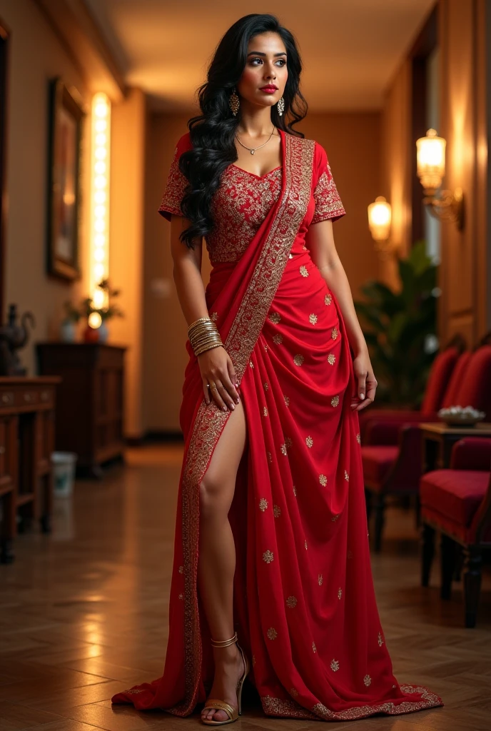 Indian bride with black stocking and gold jewellery on her neck and forearms and decent cleavage and with minimalist anklets and heels