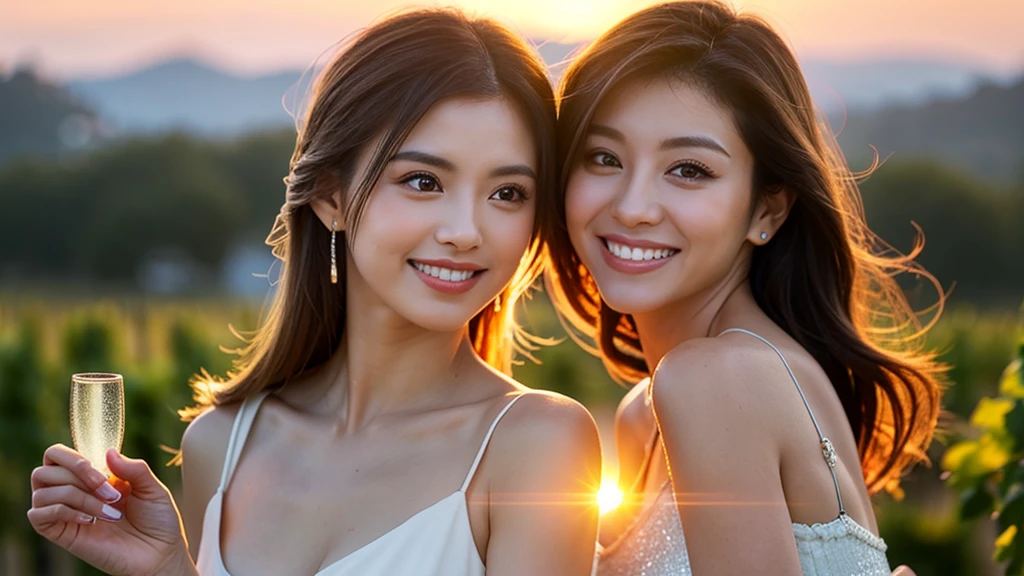 Mom and daughter are smiling and holding hands, with a beautiful sunset in the background. They have similar features and are wearing matching dresses. Love and happiness radiate from their faces.