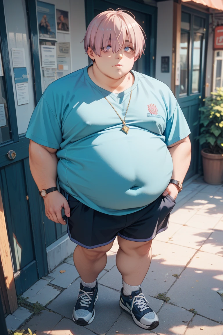 Draw a chubby cute boy，Stand in front of a hut in the snow。Goggles are worn on the forehead，Wear thick adventure clothing，The clothes are open to reveal the belly，Chubby 18 year old boy，The crotch protrudes，pupils，prominent pubis，Shy，The crotch protrudes，Protruding pubis，The crotch is raised