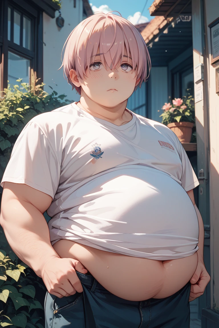 #Quality (highest quality,Masterpiece,hight resolution,8K image quality,perfect anatomy,depth of fields), #Composition (low angle, worm's-eye view,there is one boy.,dynamic and emotional), #Person (a cute elf, chubby elf, Bullish personality、Honor Students、Good impression、feminine body、blump stomach、chuppy body, plump body, thick thigh), #boy's facial (Big eyes with hanging eyes、sad eyes、green eyes), #boy's hair (His hair is pink and shiny. He has pink short straight hair with a natural and neat hairstyle.), #boy's cloth (He is wearing a pink crop top T-shirt), #boy's background (pastel room walls), #boy's pose (lying on bed), #boy's emotion (innocent blushing, flustered, shy)