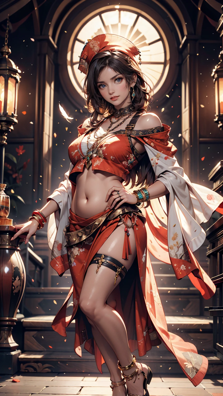 24-year-old Arab woman、Arabian Nights、Sexy proportions、Sexy costume、Too much exposed skin、Belly Dancer、A sheer face veil、Dancing in an Arab square、Torch Bonfire、night