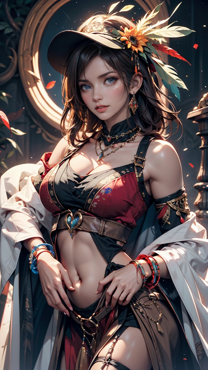 (masterpiece:1.5), (((top quality, best quality, high quality))), ((intricately detailed, ultra-detailed, insanely detailed)), highres, 32K, extremely detailed unity CG 8K wallpaper, (beautiful and aesthetic:1.2),, (depth of field:1.3), (immaculate:1.3), (delicate detailed depiction:1.4),
(((brilliant full natural lighting, luscious vibrant colors))), (ambient volumetric backlighting:1.5),  (illustration of an immensely beautiful woman:1.3),
(upper body:1.4), (perfectly centered:1.4), (natural willowy posture:1.5), (((dynamic pose, cinematic angle))),
(1milf:1.5), (solo:1.4),
beautiful gorgeous face, [(detailed face:1.2):0.2], bright eyes, pureerosface_v1, ulzzang-6500-v1.1,  (closed mouth:1.5), (red lips:1.4), (full lips:1.4), (smile:1.3),
attractive flawless body, (((pronounced feminine curves))), bright glistening skin, realistic skin, skin pores, (((toned belly, navel, groin:1.3))),
masquerade, <lora:masquerade_attire-1.0-full:0.75>, (long tight sleeves:1.4), (detached collar), (fabrication glitters:1.5), (luxury intricate clothing jewelries:1.5), (jeweled embroideries:1.4), (clothing sparkles:1.4), (sparkling particles:1.3), (((sagging front seam, sagging hind seam))), (((earrings, armlets, hairclip, hair ornaments))), 
(standing alone in an outdoor magical garden decorated with jewelries and gemstones and colorful exotic flowers and bushes:1.5), (outside a grand ancient palace:1.5), <lora:detail_slider_v4:1.8>, <lora:weight_slider_v2:0.75>,   <lora:naughty_to_nice_v2.5:1>, <lora:age_slider_v2:1.5>,