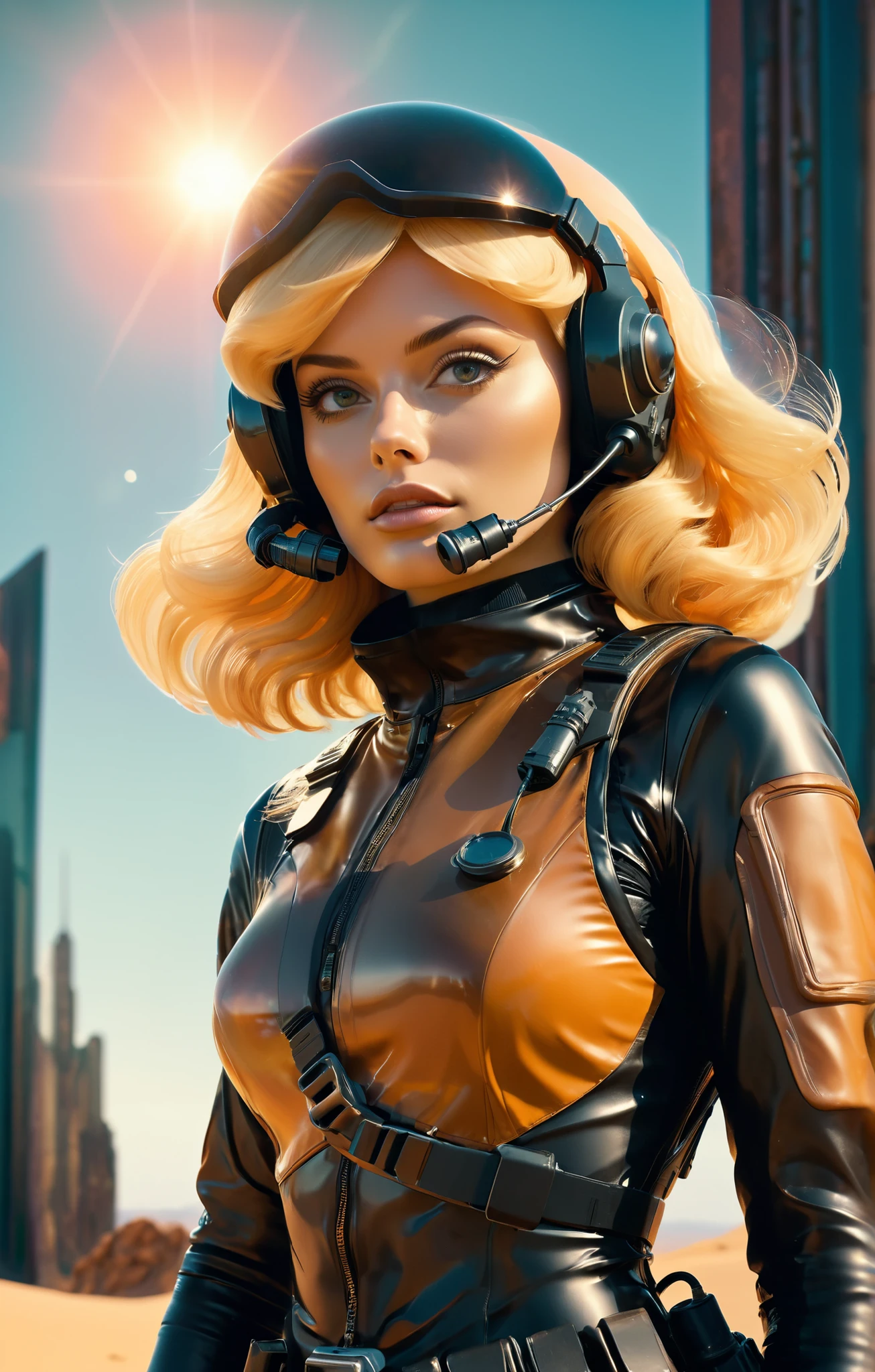 analog film photo. ambr1 fabulous 1970s blond sci-fi pulp cosmonaut(wearing dark rubber suit, tactical vests, military harness, black gloves, high-tech headset), Fingers are occluded, ((Camel Toe)), weapons, in sunset background , in cinematic lighting, cover art mixed cinema poster style,helmet), cinematic . Hard light, hard shadows, faded film, desaturated, 35mm photo, grainy, vignette, vintage, Kodachrome, Lomography, stained, highly detailed, found footage