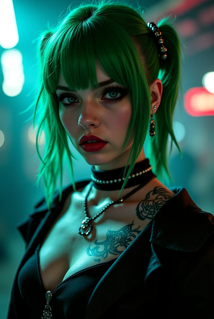 goth, excited, pale skin, smoky eyes, vivid colors, punk clothing, wild hairstyle, lime green hair, red lips, neon street at night, body view, huge breasts, shirtless, womb tattoo, heart tattoo, lace
