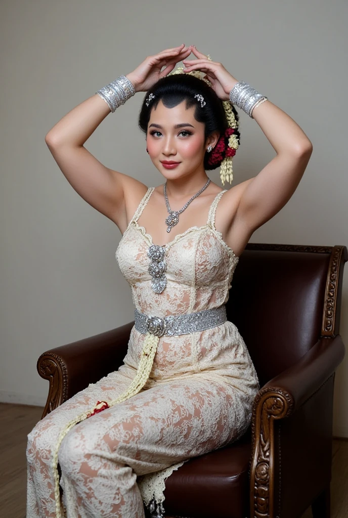  woman in traditional traditional Javanese traditional dress classic Javanese batik sarung.  silver , cuffs, collar, NSFW_ Raise both your arms straight.  Raise both your armpits straight .  Above the head .  Show the texture of your armpits .  in front of the camera .  Armpit detail .  Smooth armpits . Good.  And nice . Seductive armpits .  Simple room background .  Both Hands holding his head in aesthetic style. . Sitting on a leather sofa chair .
