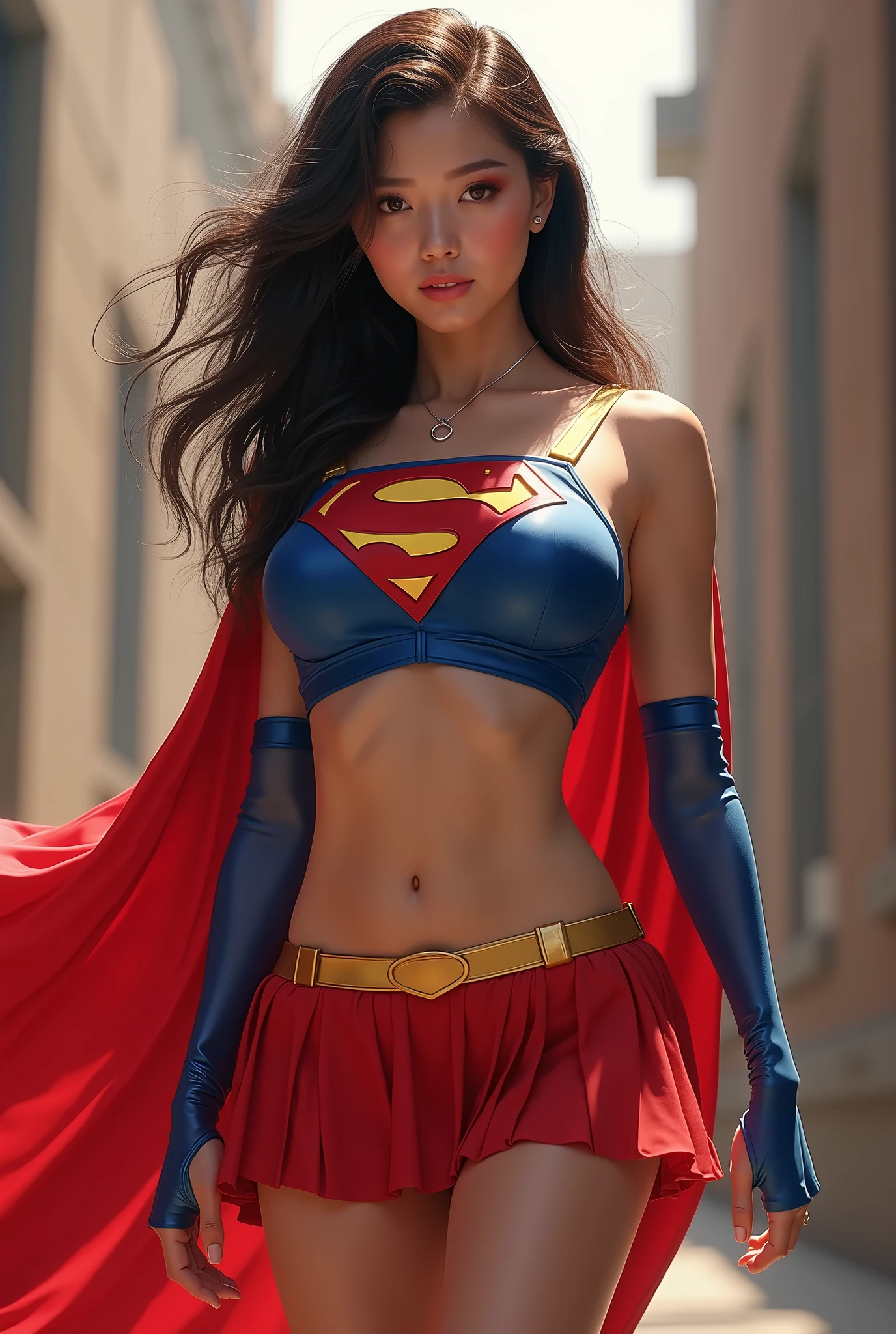 Seductive asian supergirl, red skirt, blue top with Supergirl logo on chest, open belly, bra visible,focus on her hairs,