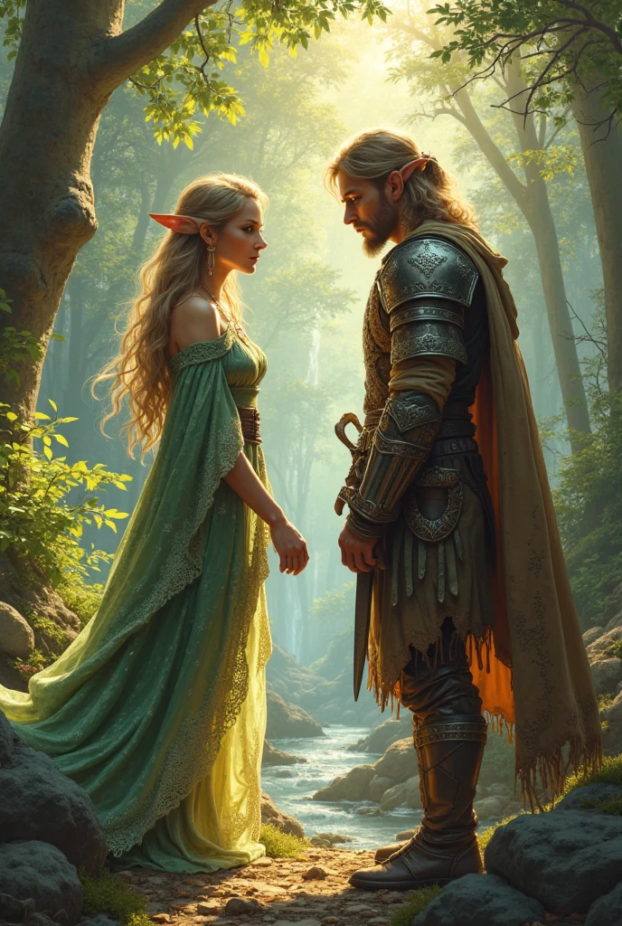 Full body portrait. A very beautiful adult female elf, wearing blue and white clothes while carrying a bow. The background is her entering into the ruins of a magnificent castle. And meets a very handsome adult male elf wearing a crown of wooden branches. This scene is a very detailed and professional 3D digital art. Game art. 64k resolution