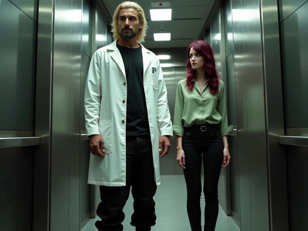 Caucasian woman, wary expression, vibrant maroon side-parted long wavy hair, soft green silk blouse, low-rise black pants, black boots, standing in elevator, towering over her height is an imposing 216 cm tall Arab man with platinum blond wavy swept-back crew cut, long black stubble, white lab coat, black t-shirt, black cargo pants, black boots, cinematic lighting.