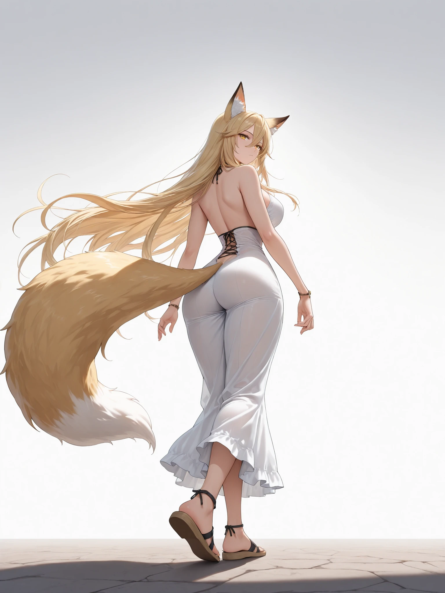 ((Best Quality)),( super high definition),(Super detailed),( detailed description ),((The best CG)),(masterpiece),(fox girl, fox ears,yellow eyes,iris,medium Brest,Slender waist ,wide hips, flat sandals),full body,white background,(from back angle :1.3)