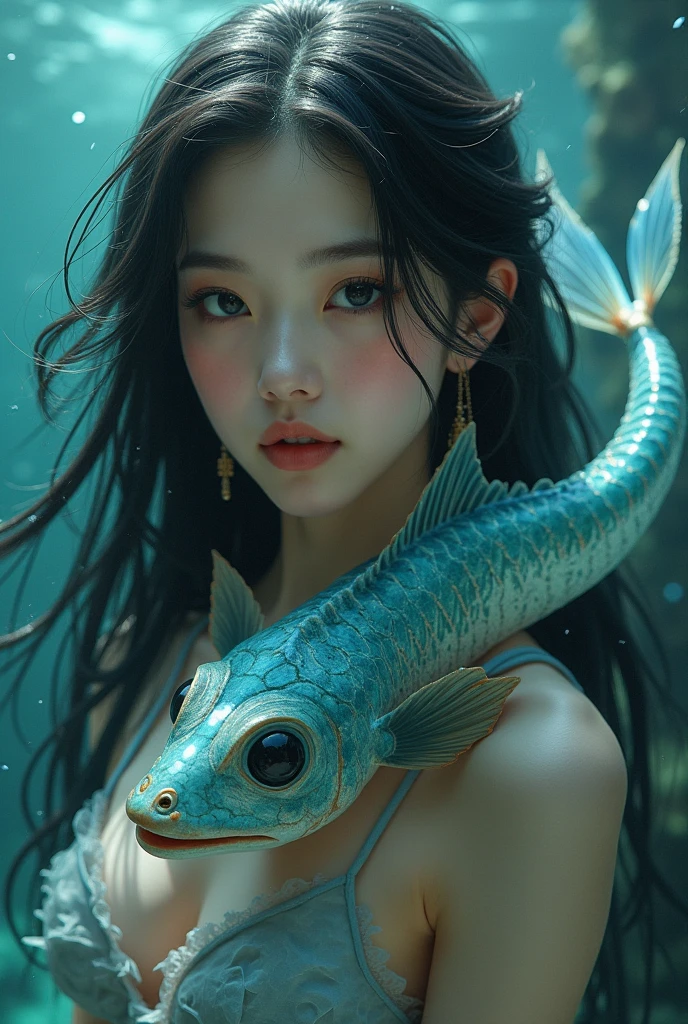 Asian albino girl with tattoos, blue pupils, beautiful white hair, goldfish swims in atmosphere, futuristic sci-fi aesthetic, TJ Drysdale