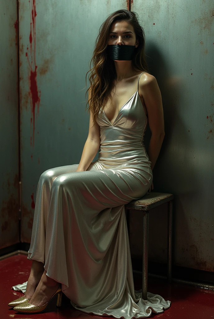 Woman in gold sequin thigh slit short v neck dress stands over another womans dead body wearing a beige trench coat tied with a belt