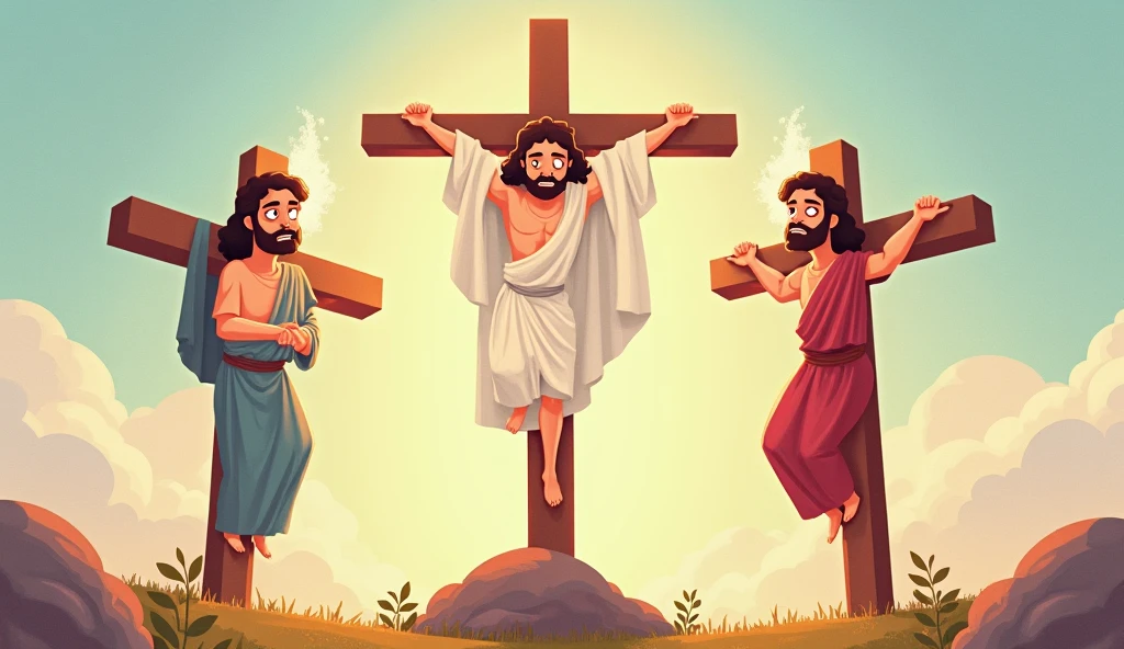 drawing of Jesus crucified to the cross in the middle and on either side of him a thief mocking him