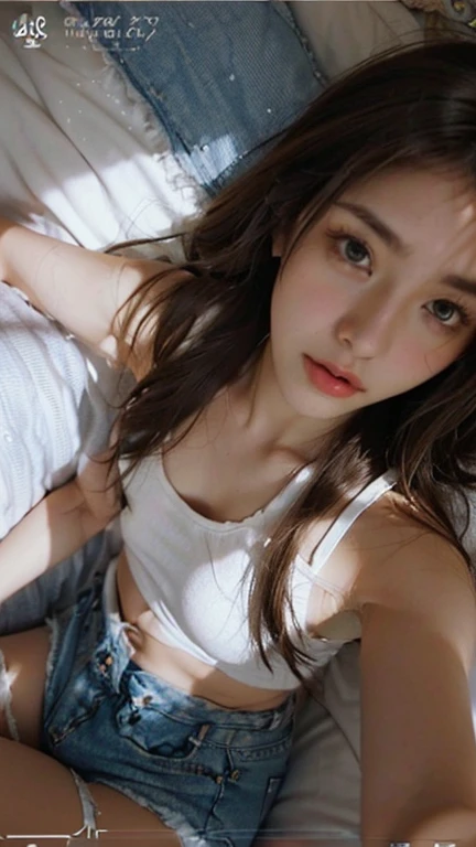 realistic, 2girls, ((selfie)), brown eyes, body close together, looking up, mouth wide open, smiling, face extra large zoom, sitting on bed, sexy, (bare shoulders), (covered nipples), (camisole), (dolphin shorts), (small breasts)