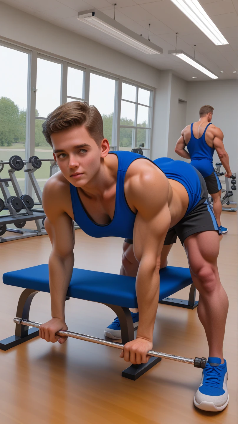 1boy, (Blue Eyes), happy smile,American boy,16 years old,young, slim body, slender, skinny body build, child-like,White Teenage boy ,Masterpiece, (full body:1.2), photo of chrisevans person, (muscular:1.3),(no beard: 1.2) (blonde hair:1.2) ( t-shirt, shoes:1.2), in a gym, sweaty,8k UHD, realistic, realism, realistic skin, realistic eyes, high details, HDR, DSLR, natural lighting, subsurface scattering ,wearing black micro thong with medium bulge,pale skin, skinny, good lighting, very pale skin, light skin, model with attractive body,medium bulge and medium butts,(Best quality, 8k, Masterpiece). High Detail , superior quality, natural lighting, beautiful, sexy, correct anatomy, good composition,realistic shapes, realistic skin tones,Natural eyes,realistic eyes,looking up at viewer,vpl,realistic muscles,Realistic wrinkles on the skin,Realistic arms and legs,Realistic face,realistic hair,Make a sexy and seductive face,, Clear Focus: 1.2, Perfect Body virile: 1.4 , Slender Abs: 1.2, Highly detailed face and skin texture, detailed eyes, double eyelids, big upper lip, man focus,amazing composition, front view, HDR, volumetric lighting, ultra quality, elegant,Post a erotic photoshoot,Realistic pose,detailed hair,full body,Fujifilm XT3 photorealistic art by midjourney
