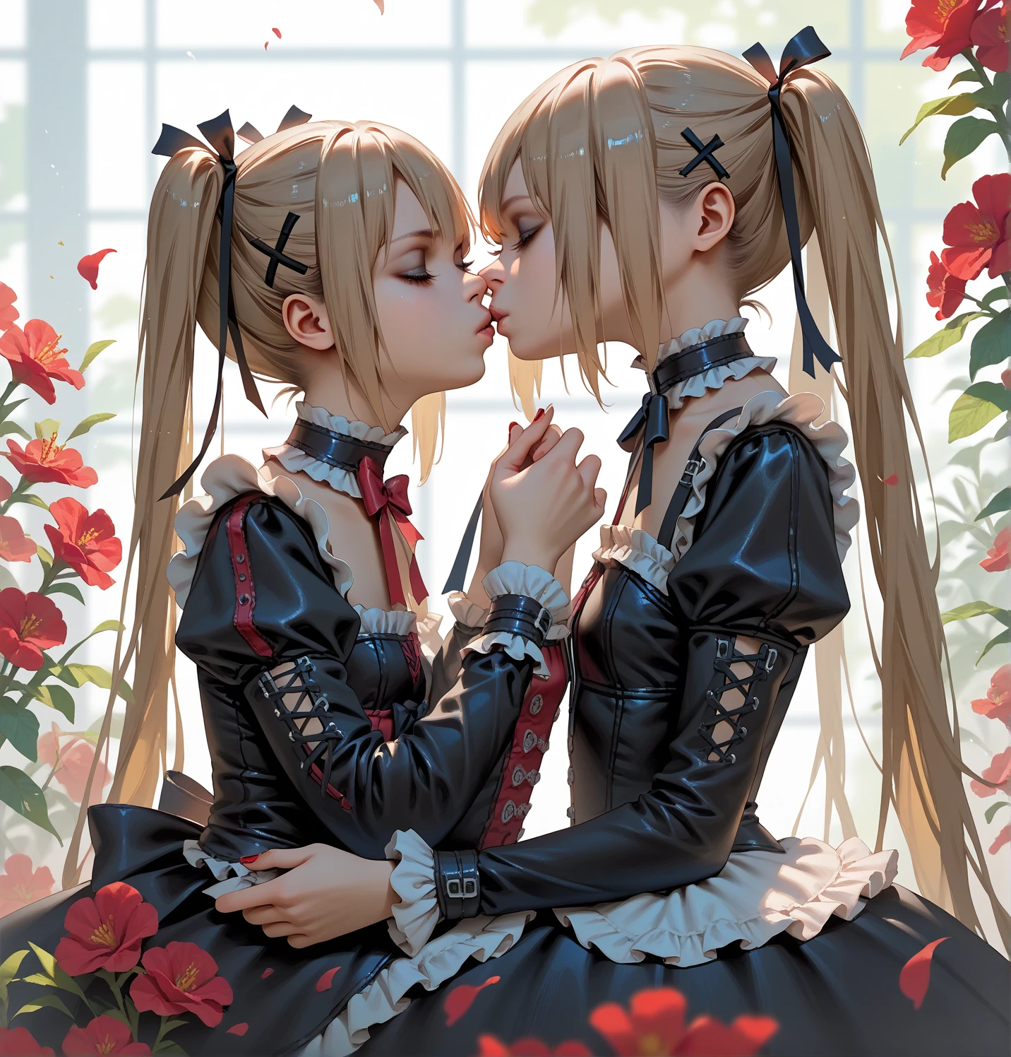 2 persons, ((2girls)), long hair, cat ears, cozy, red hair AND white hair, shiny clothes, shiny hair, masterpiece, intricate details, detailed, extreme details, outdoors, flower on hair, roses, butterfly, freckles, vibrant colors, 
<lora:HugsLoraV1.0-000001:1> HugsAI,
<lora:Yorha_2BV1.0-000007:.75> Yorha2B, blindfold