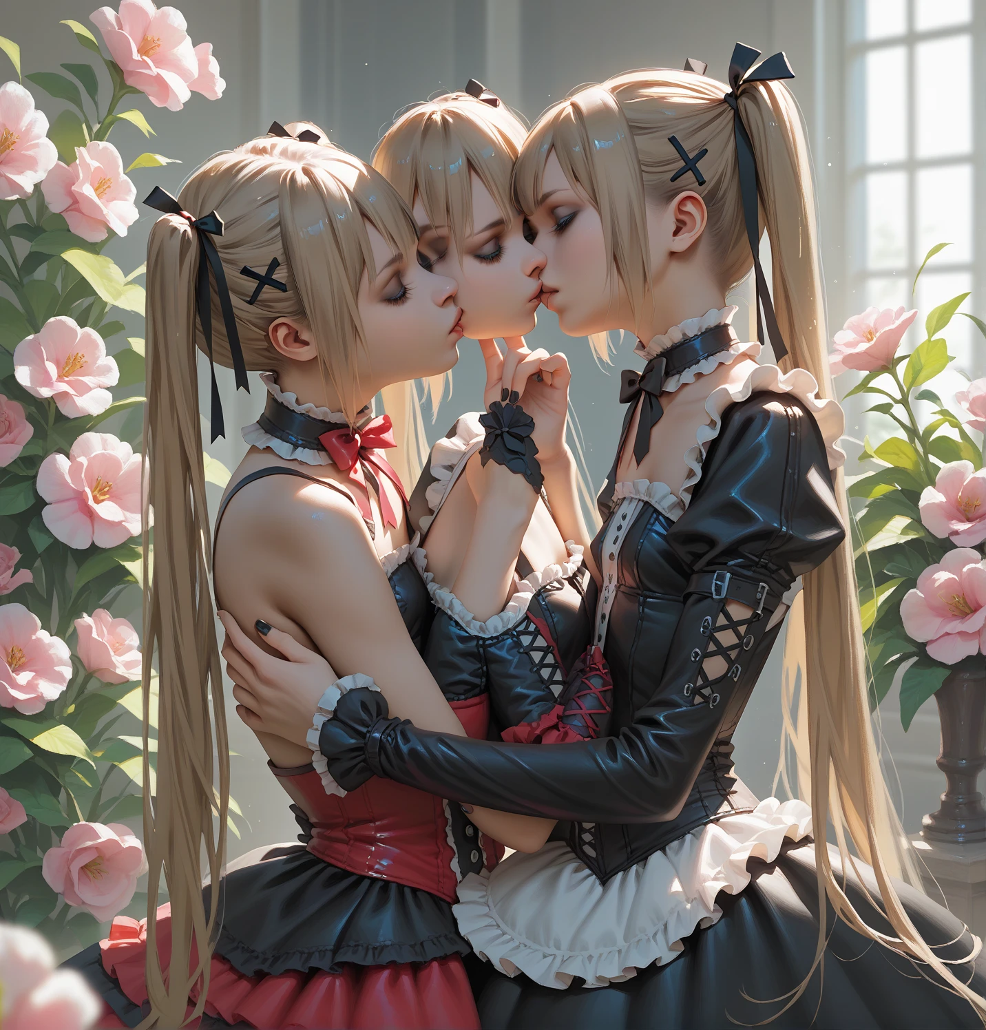 a detailed photograph of girls with sprigs and flowers in her hair. wearing corset frills. black-white-pink-silver-yellow colors, full dynamic color, close up character, intricate punk woman with runic face tattoos, kiss, hug, kissing breasts, short blonde hair, in a shadowed archway, medieval, urban, alley, night