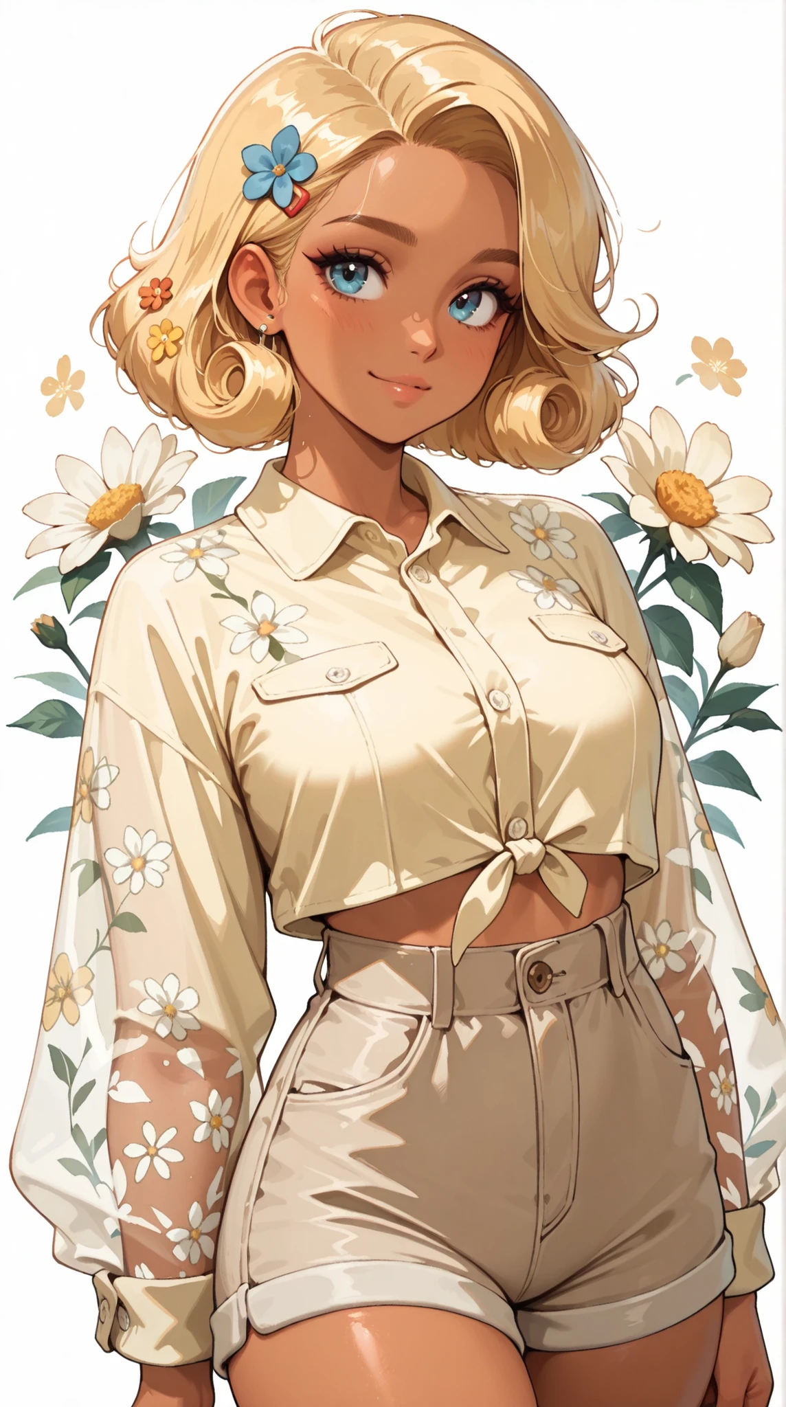 (((Masterpiece))), a top influencer woman, top quality, super detailed, cute and spunky, retro 60's style, fair skin, short curly blonde hair with flower clips, yellow button up crop top transparent floral print sleeves, tan high waist button up shorts, floral background